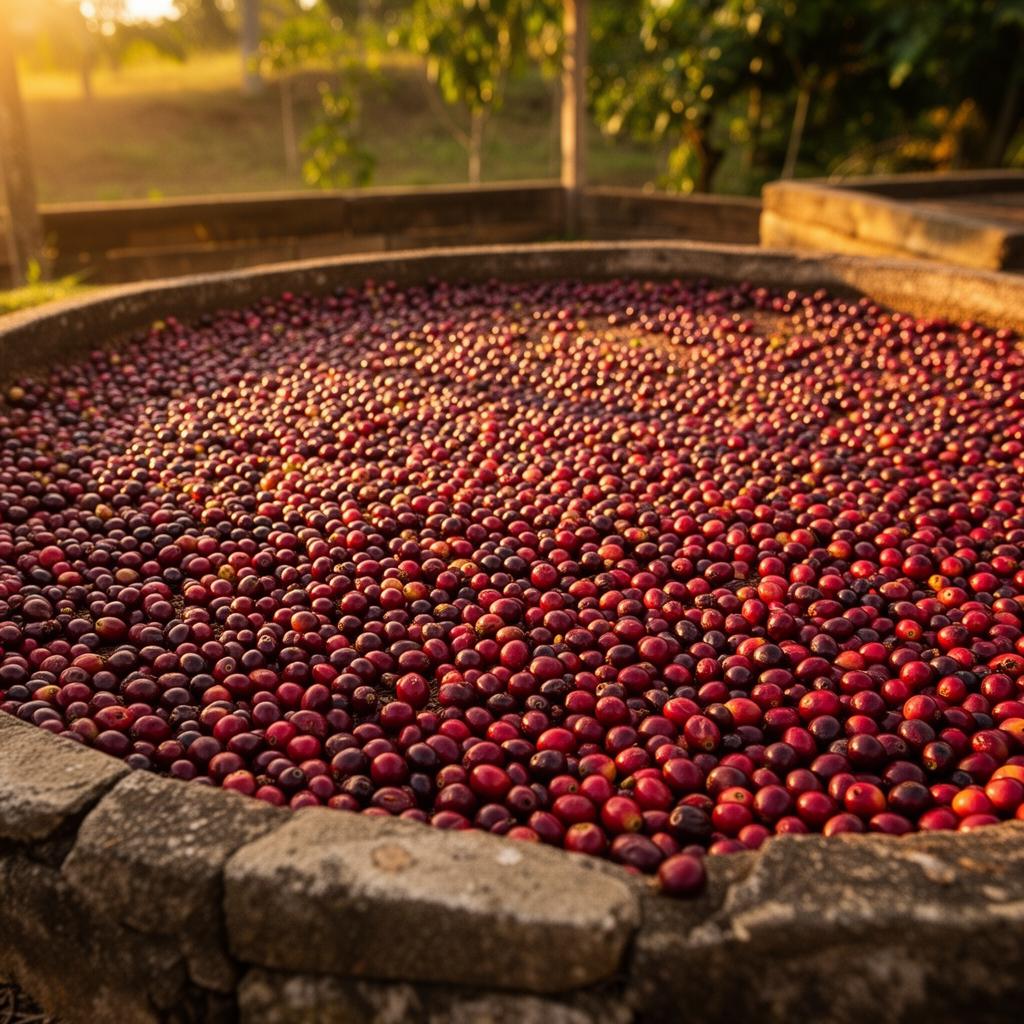 Terreiro com grãos de café maduros e vermelhos secando ao sol