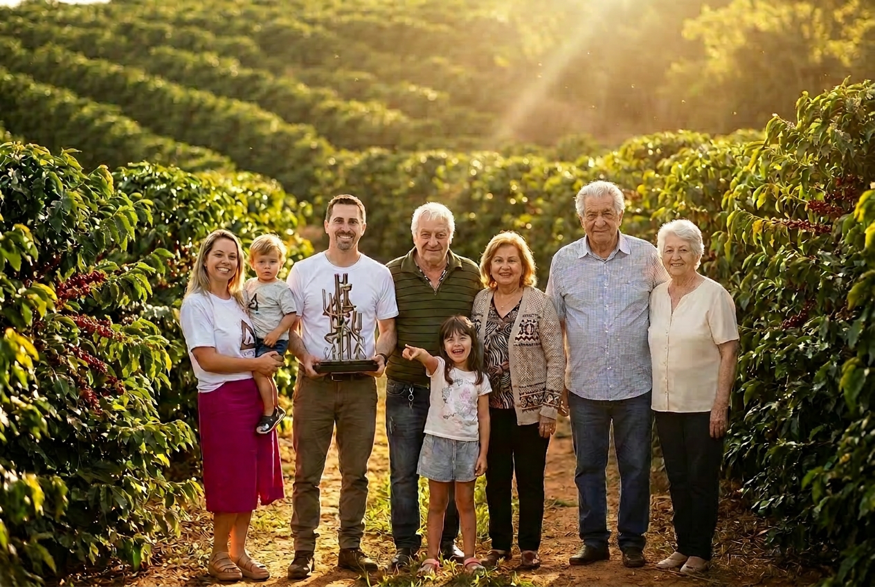 Retrato da família Gregatti reunida no cafezal em Lambari